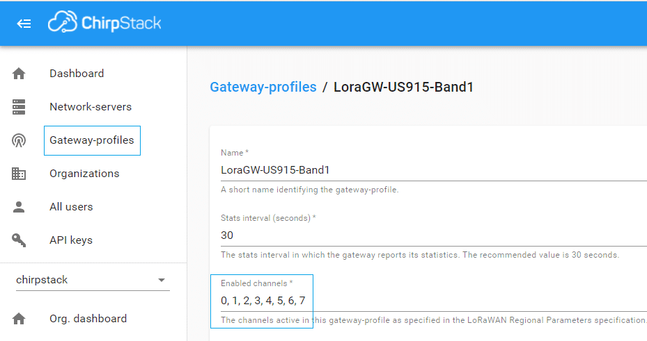 Figure 2: ChirpStack Gateway Profile Setting