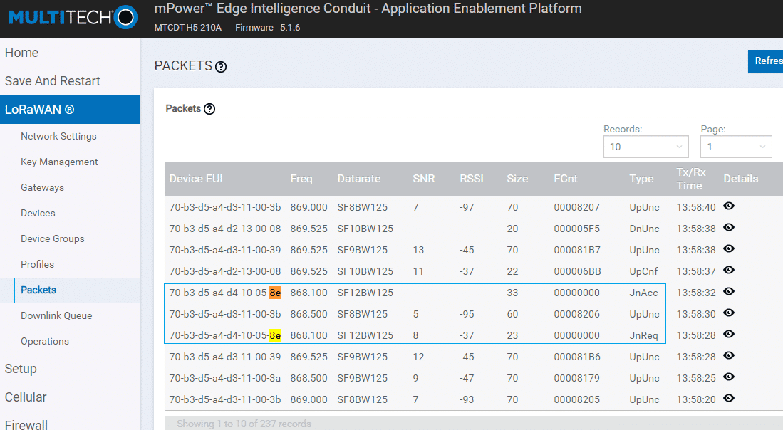 Figure 4: MultiTech Gateway Join Request and Join Accept Packets