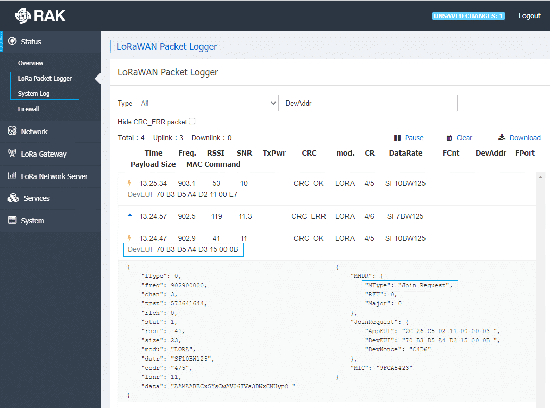 Figure 5: RAK LoRa Gateway Packet log