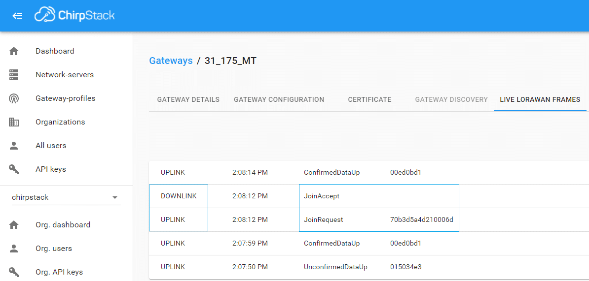 Figure 6: Join Request and Join Accept Packets on ChirpStack NS